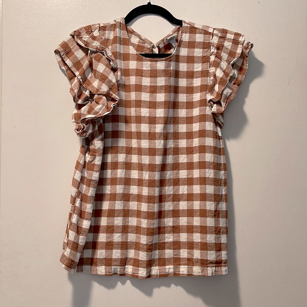 Adorable Short-Sleeve, brown and white plaid shirt
